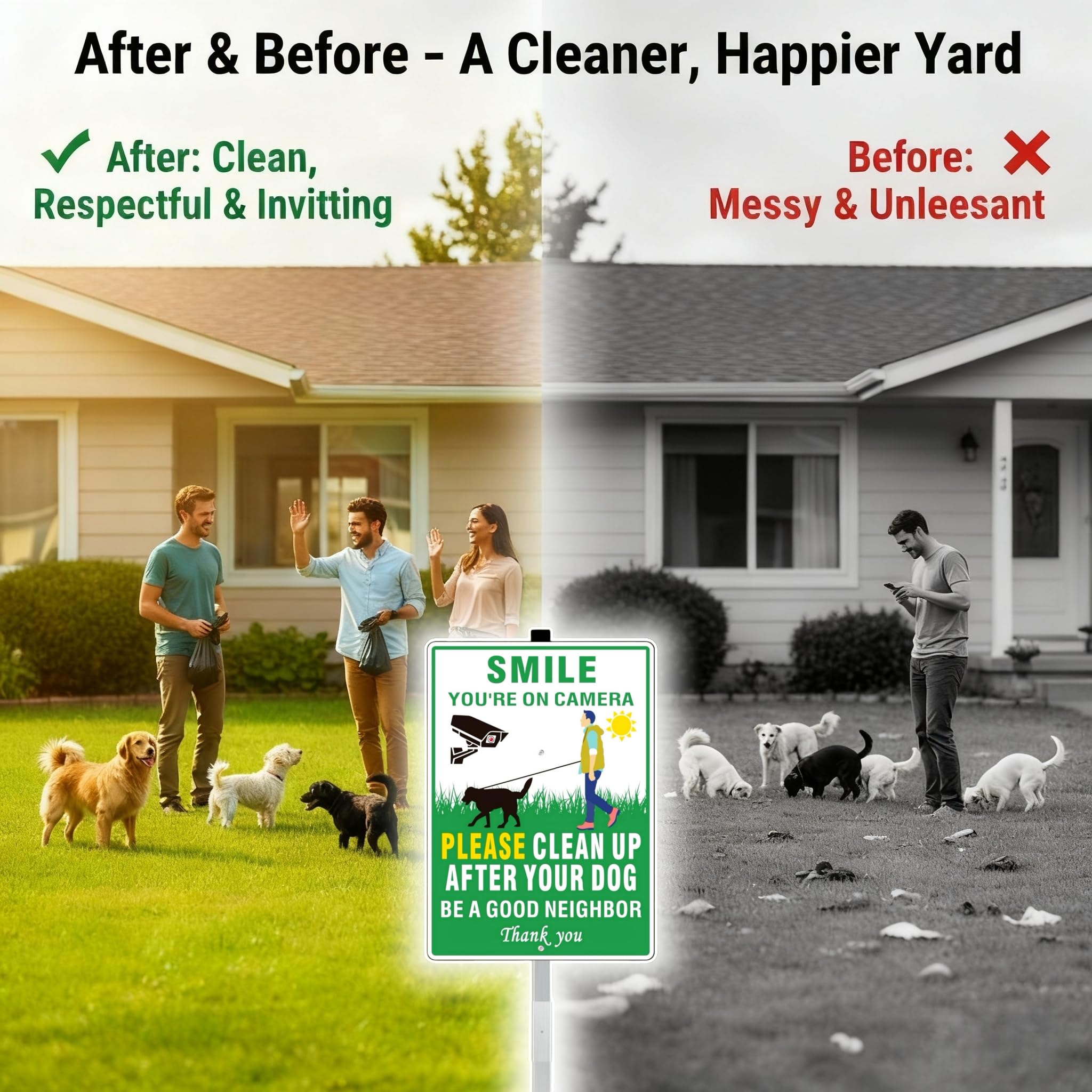 HESONTEC Clean Up After Your Dog sign yard-scene shows practical outdoor reminder.
