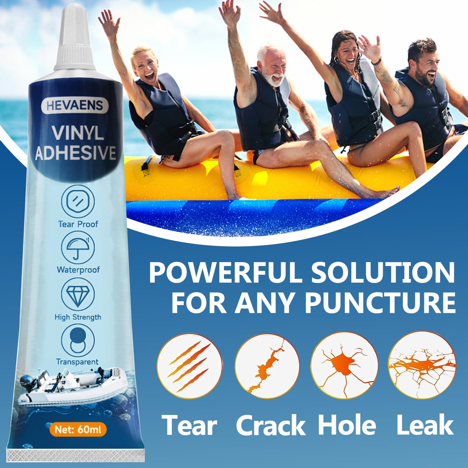 HEVAENS transparent patches provide UV-resistant, color-safe repairs on inflatables.