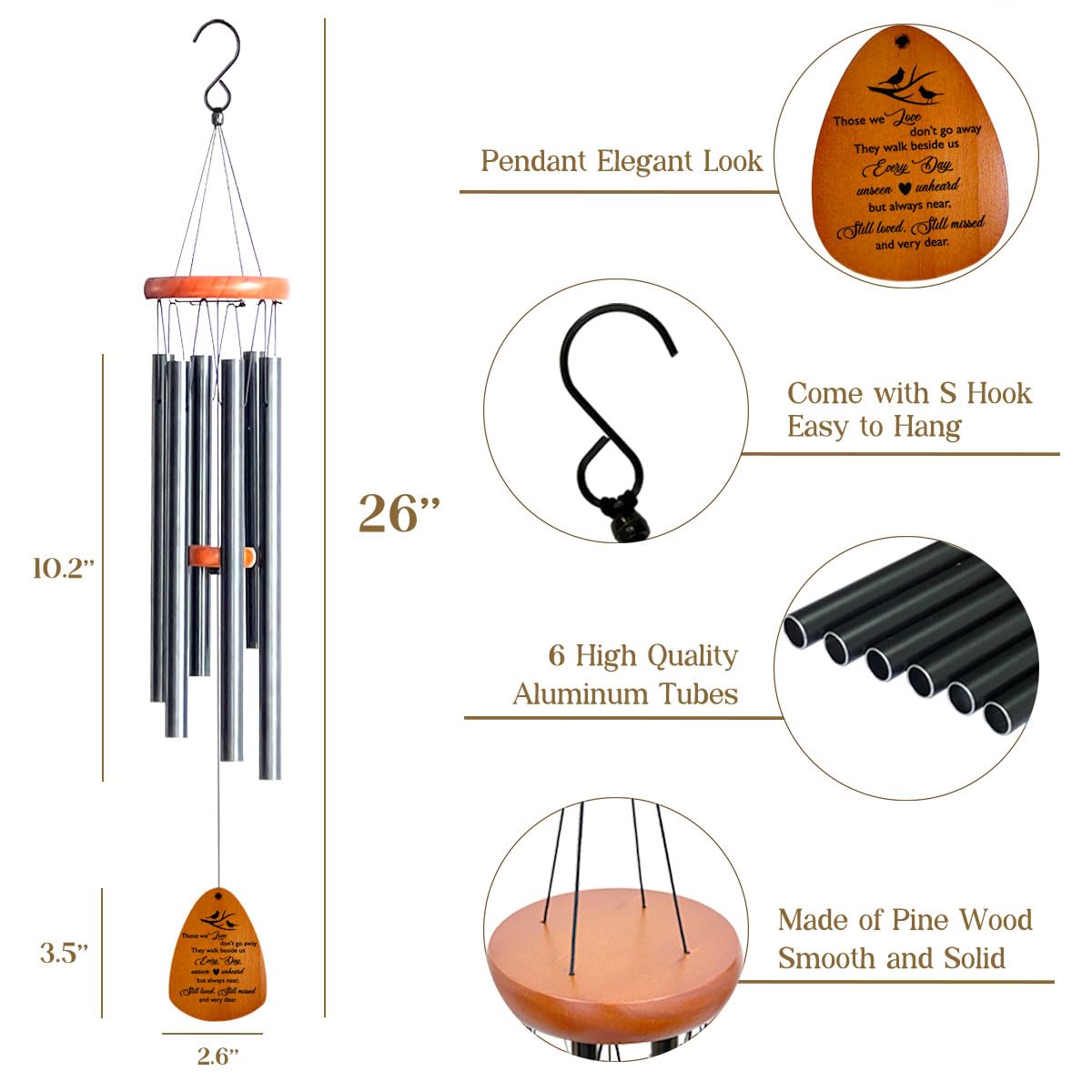 HEWBE wind chimes with pine wood and aluminum tubes for outdoor longevity
