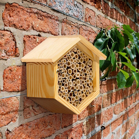 HEWEWOR pine wood bee hotel close-up showing sturdy outdoor construction