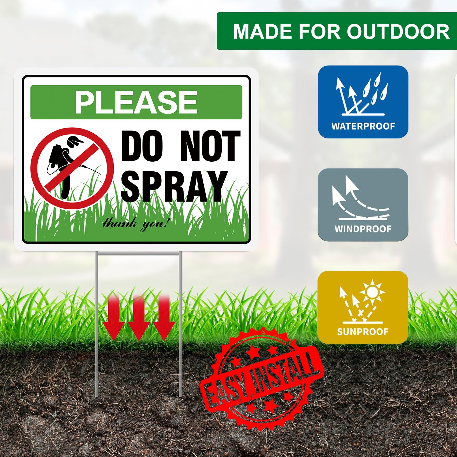 HEWJYDE Do Not Spray Sign includes two stakes for stable outdoor installation.