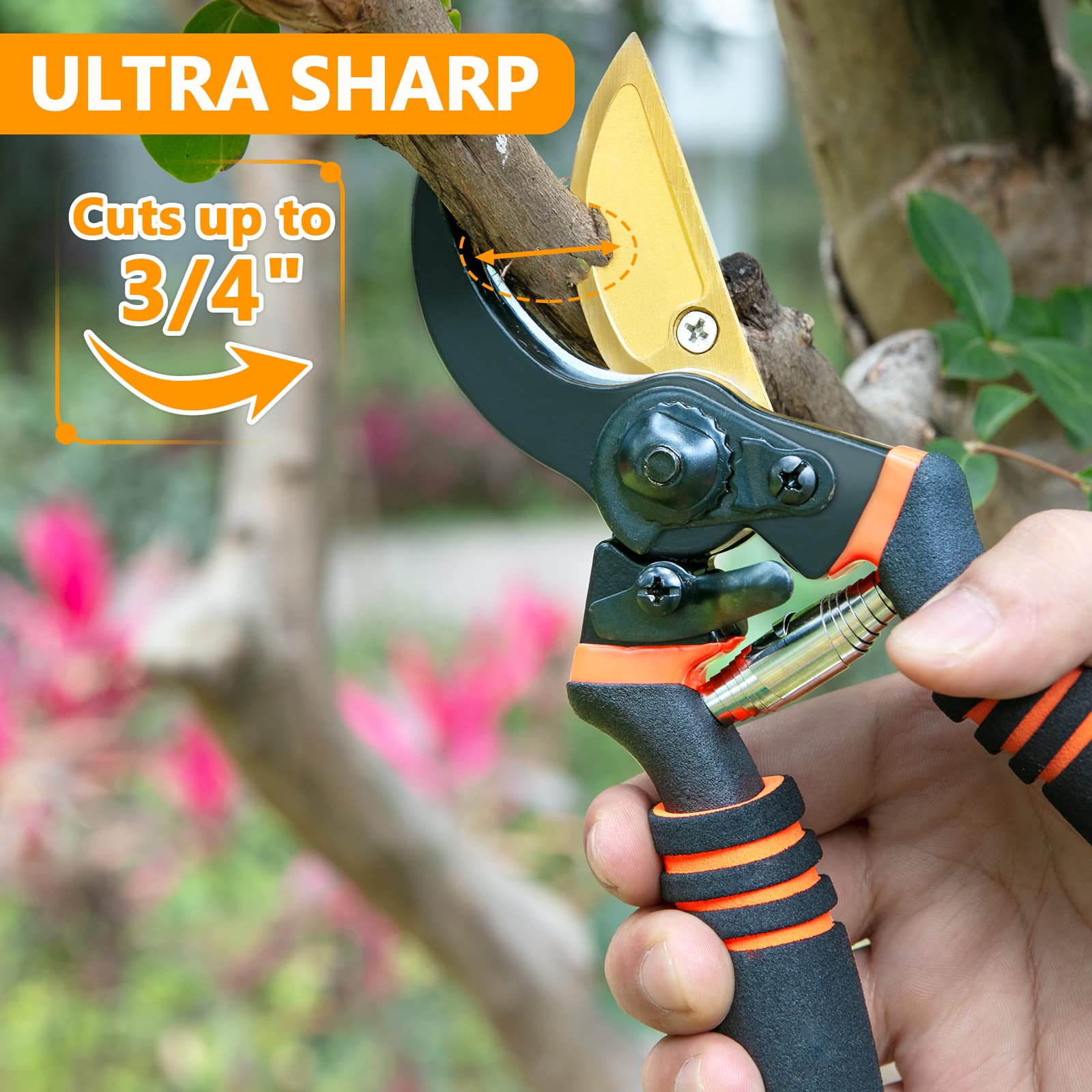 Hewog pruning tool highlights safety spring and locking mechanism for one handed use.