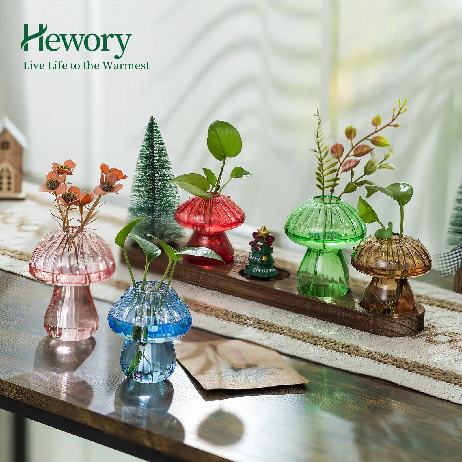 Hewory colorful mushroom vases glistening in sunlight for decor