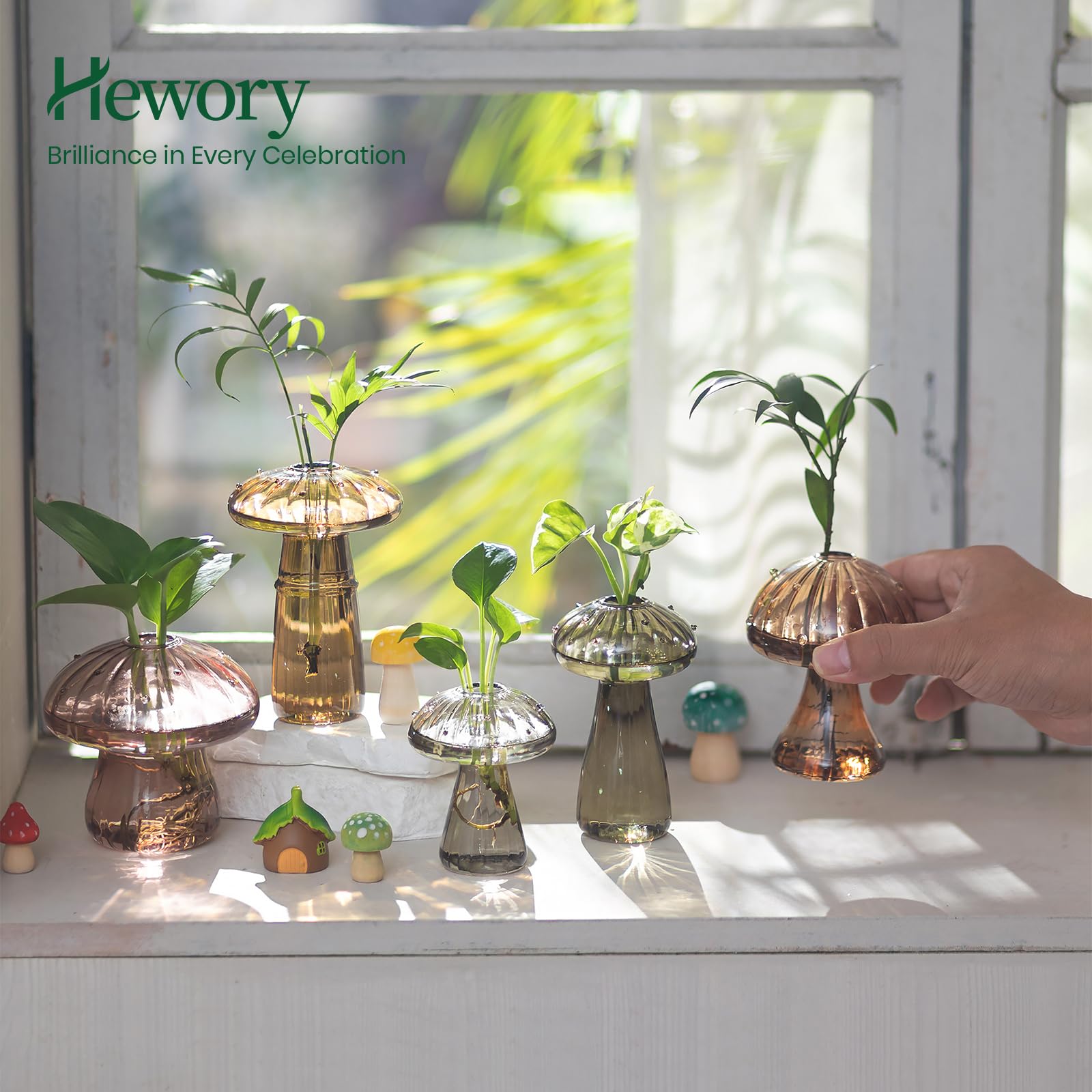 Hewory amber mushroom vase on sunlight shows reflections, decorative and mood-enhancing