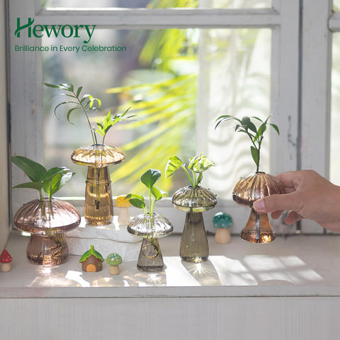 Hewory amber mushroom vase on sunlight shows reflections, decorative and mood-enhancing