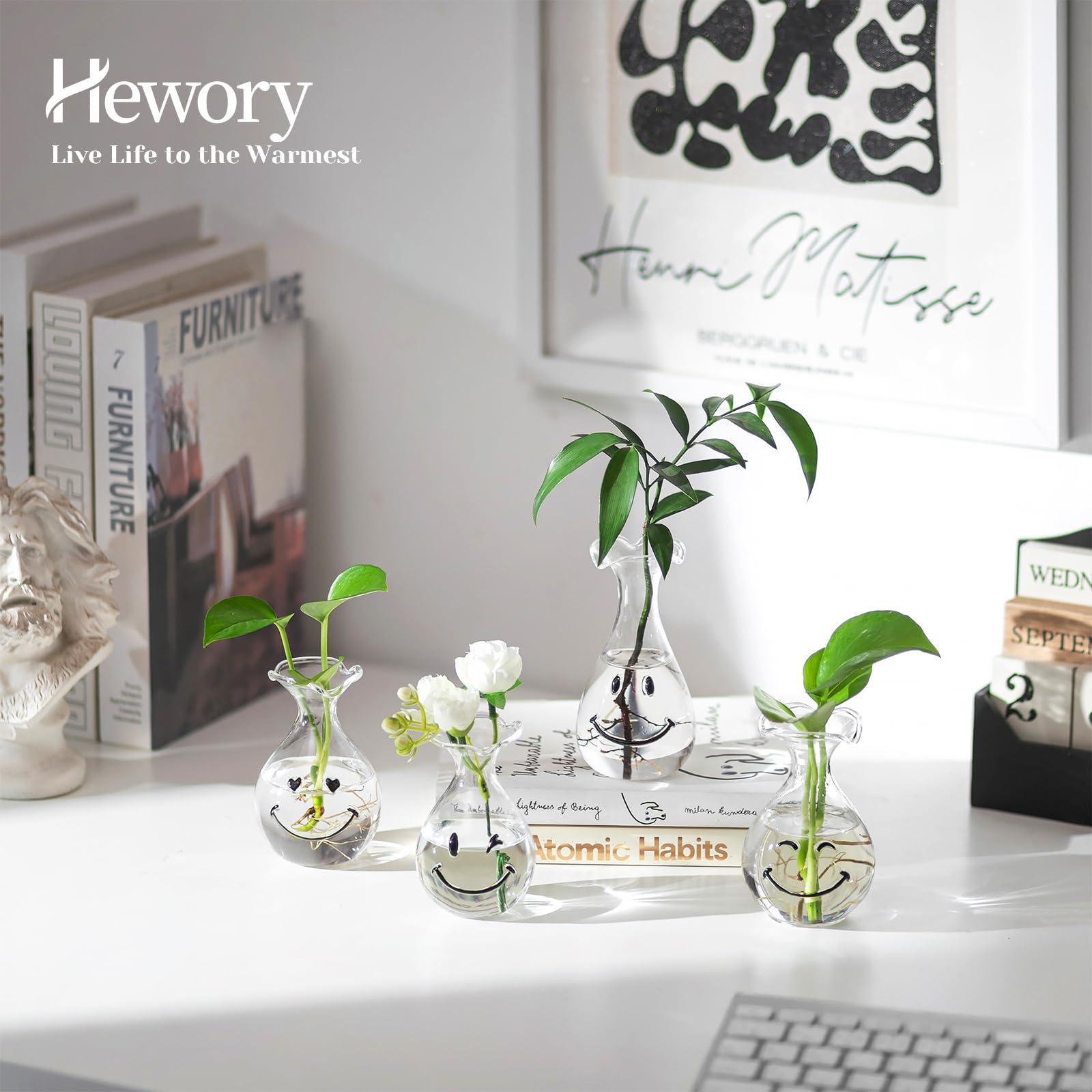 Hewory Smiley Face Glass Planter with varied heights creating a playful windowsill display
