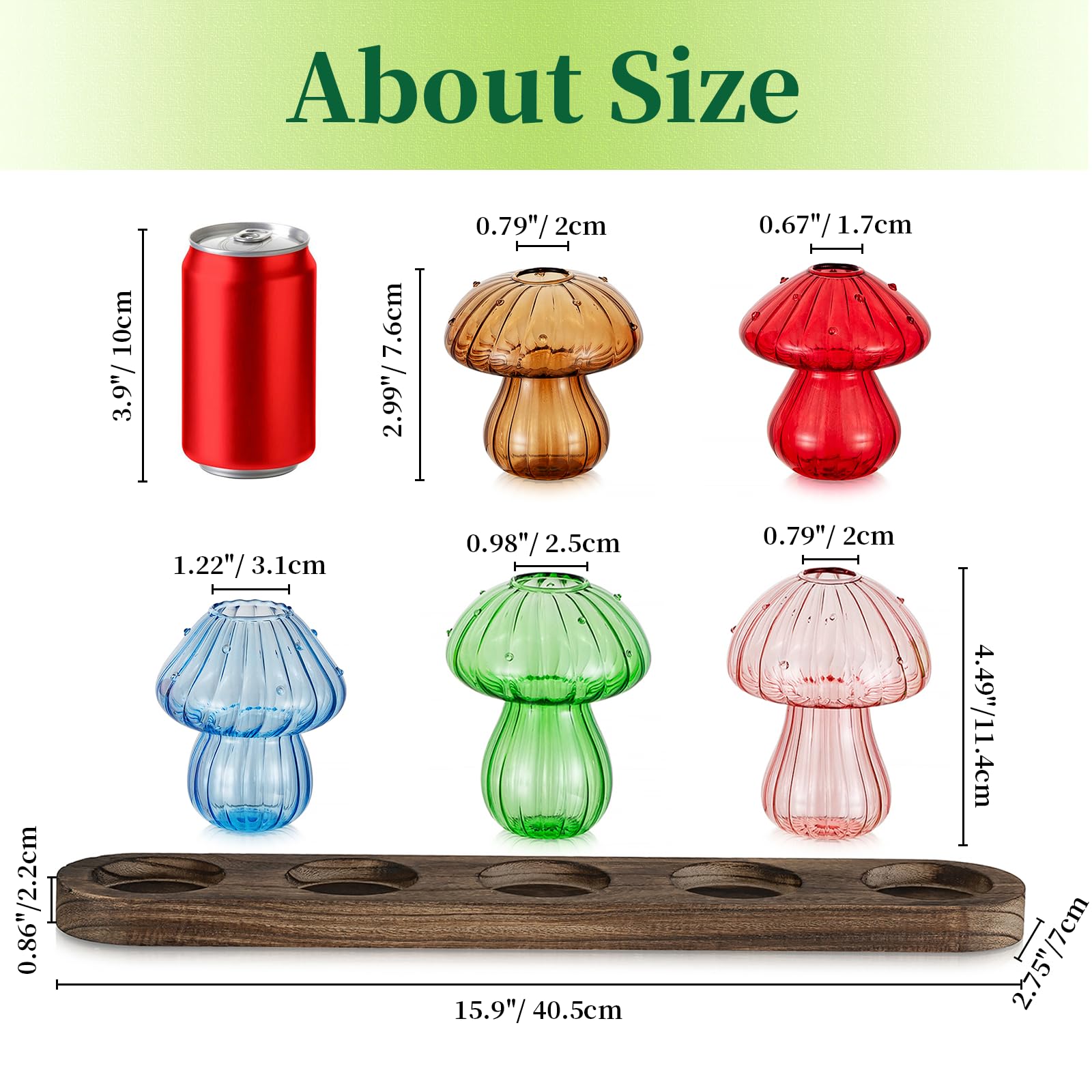 Hewory wooden stand provides stable base for the five vases