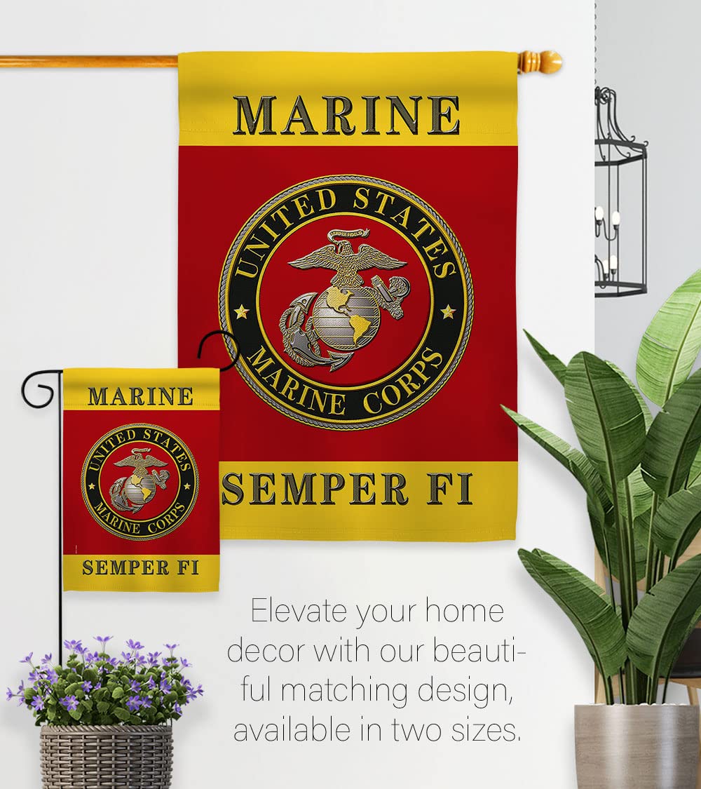 Hexagram USMC Semper Fi flag illuminated by sunlight outdoors.