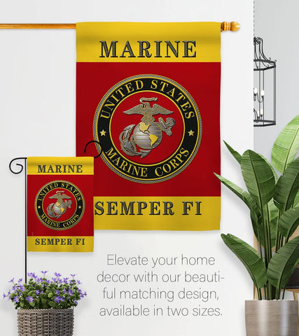Hexagram USMC Semper Fi flag illuminated by sunlight outdoors.