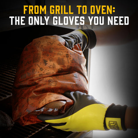 Hey Grill Hey Pitmaster Gloves dishwasher-safe for quick cleanup.