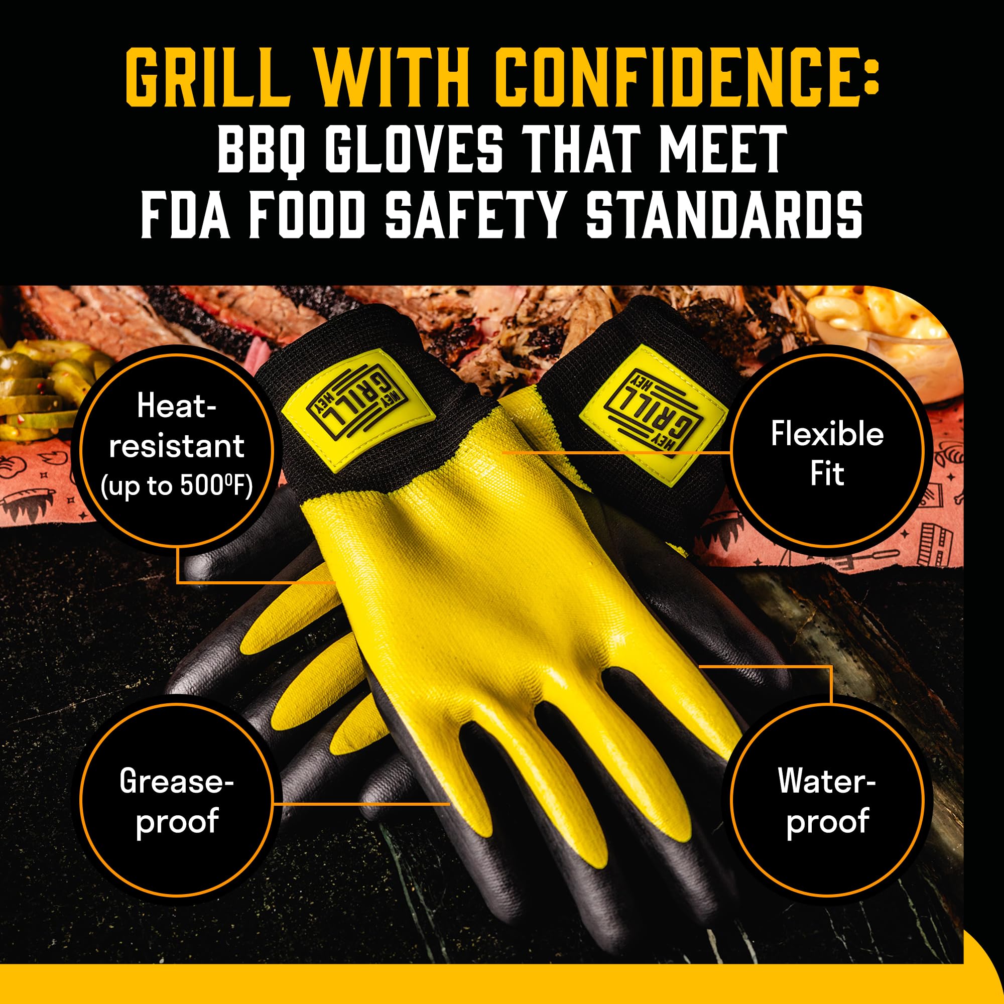 Hey Grill Hey Pitmaster Gloves use FDA food-safe materials for safe handling of foods.
