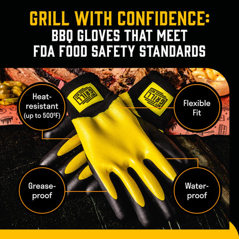 Hey Grill Hey Pitmaster Gloves waterproof exterior easy to wipe clean after cooks.