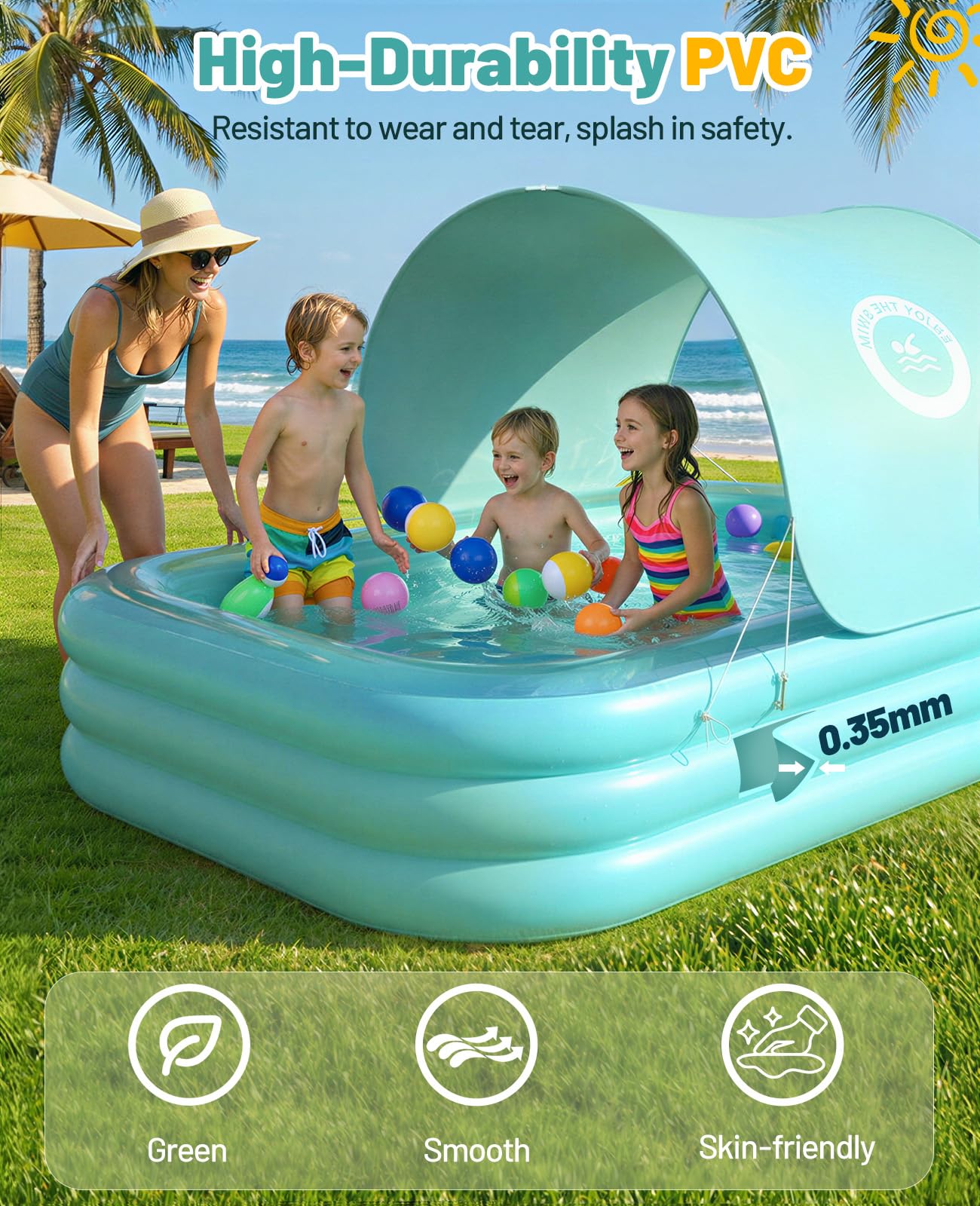 HeySplash 0.35mm thick reinforced PVC construction for durability.