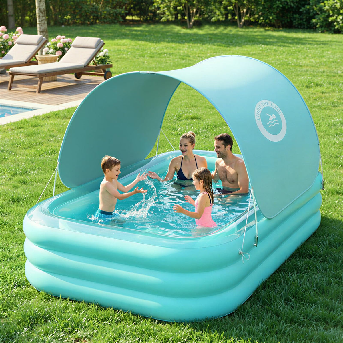 HeySplash inflatable pool with canopy offers ample backyard space for family fun.