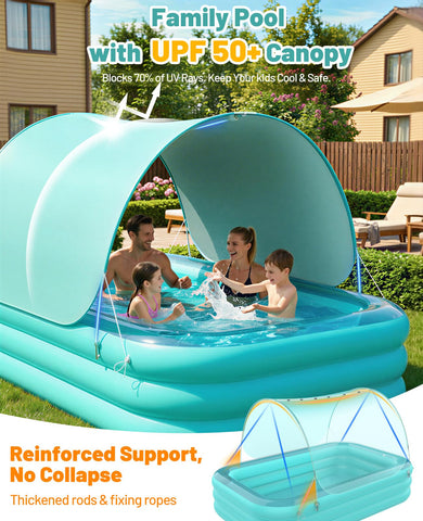 HeySplash canopy with sunshade provides cooling shade during outdoor play.