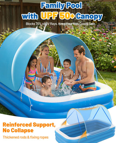 HeySplash removable sunshade canopy provides cooling shade during hot afternoons.