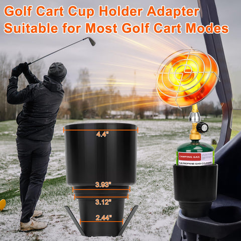 HEYDUOTON portable heater mounted beside a golf cart for on-the-go warmth.