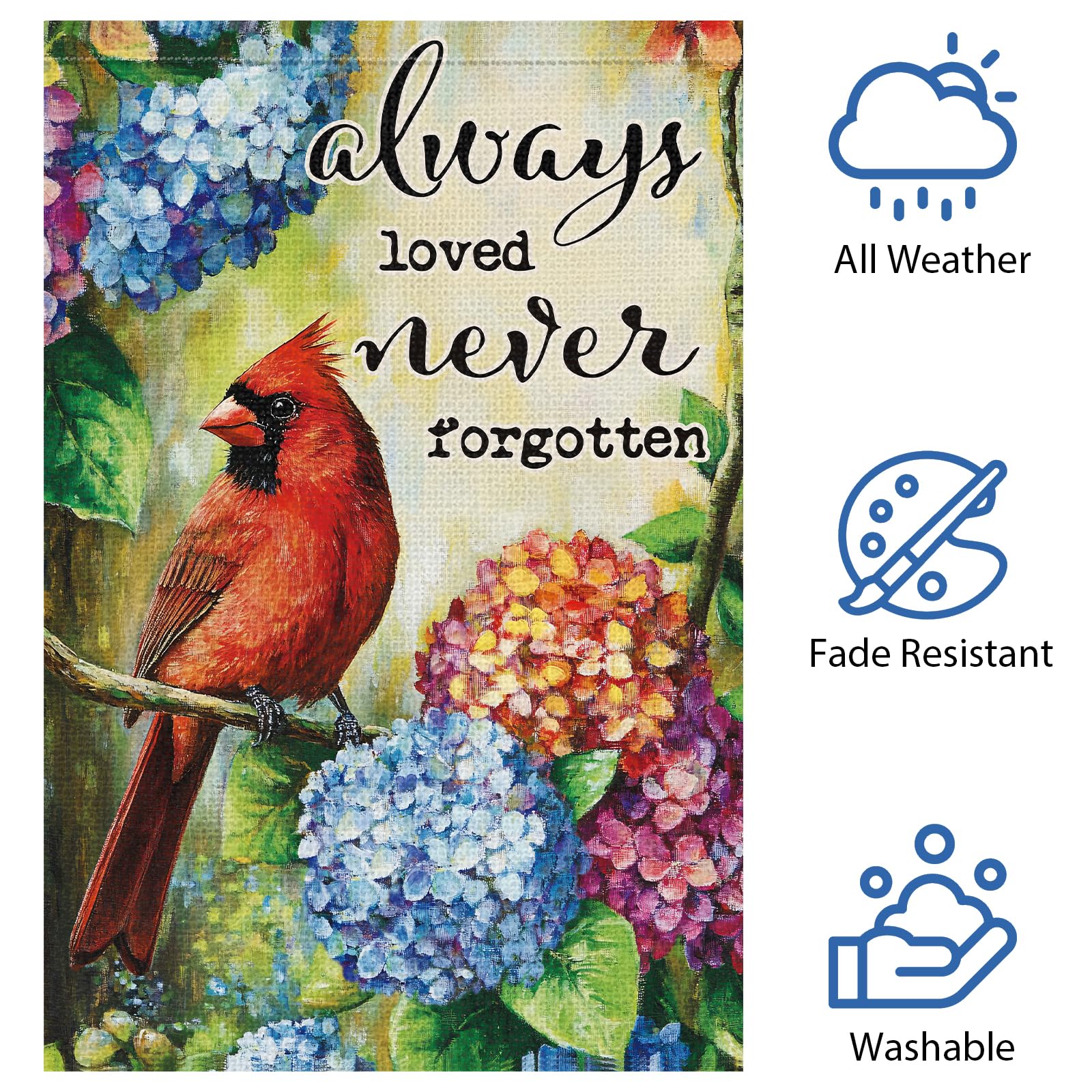 Heyfibro always loved never forgotten memorial flag for thoughtful garden remembrance.