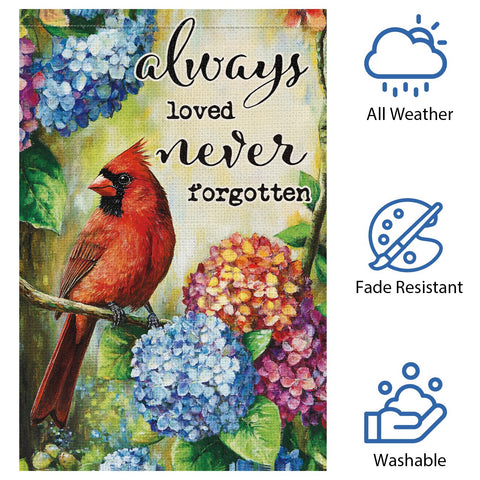 Heyfibro always loved never forgotten memorial flag for thoughtful garden remembrance.