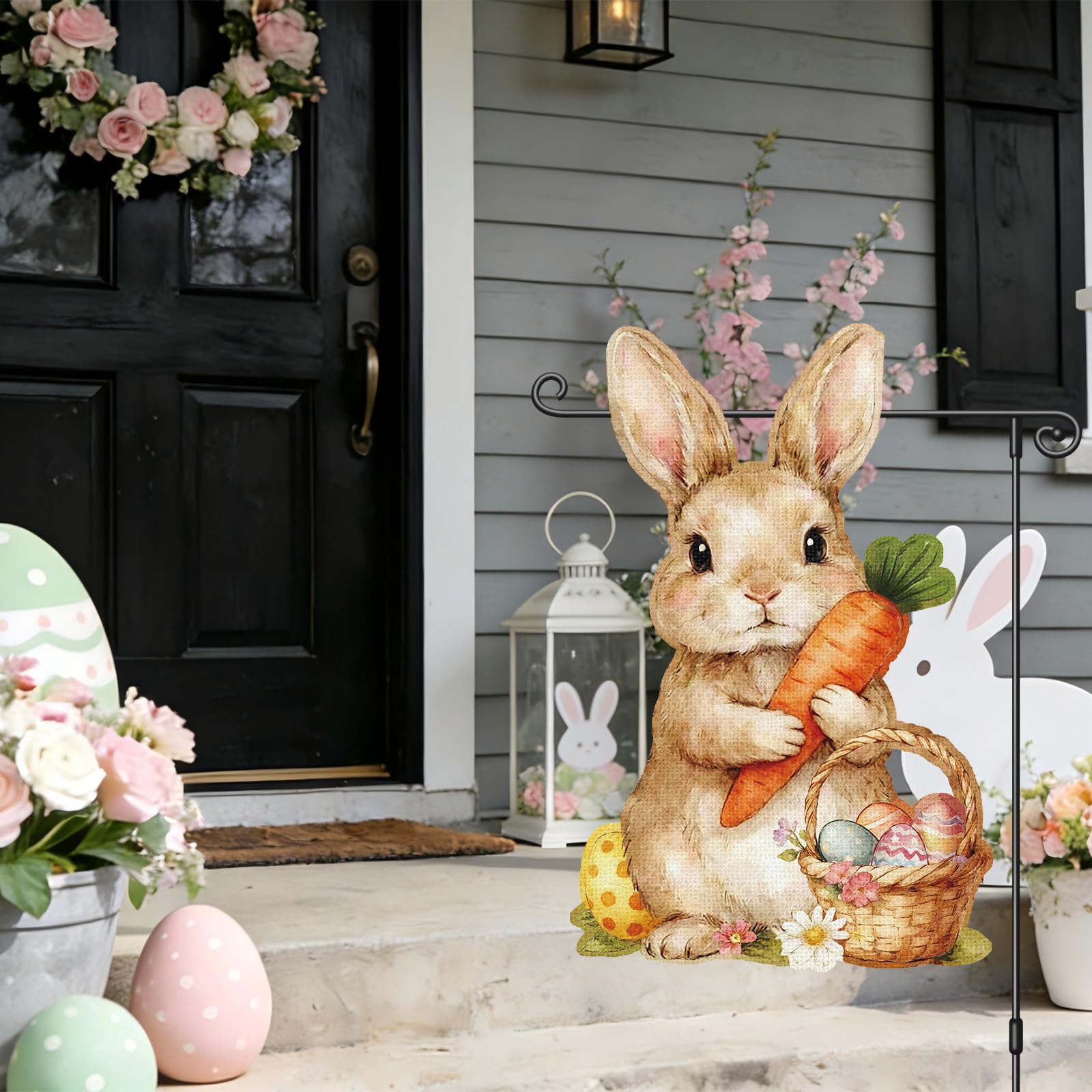 Heyfibro Bunny with Carrot flag vivid artwork promotes festive outdoor decoration.