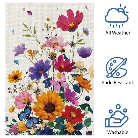 Heyfibro butterflies and blooms flag near patio or entry for welcoming vibes.