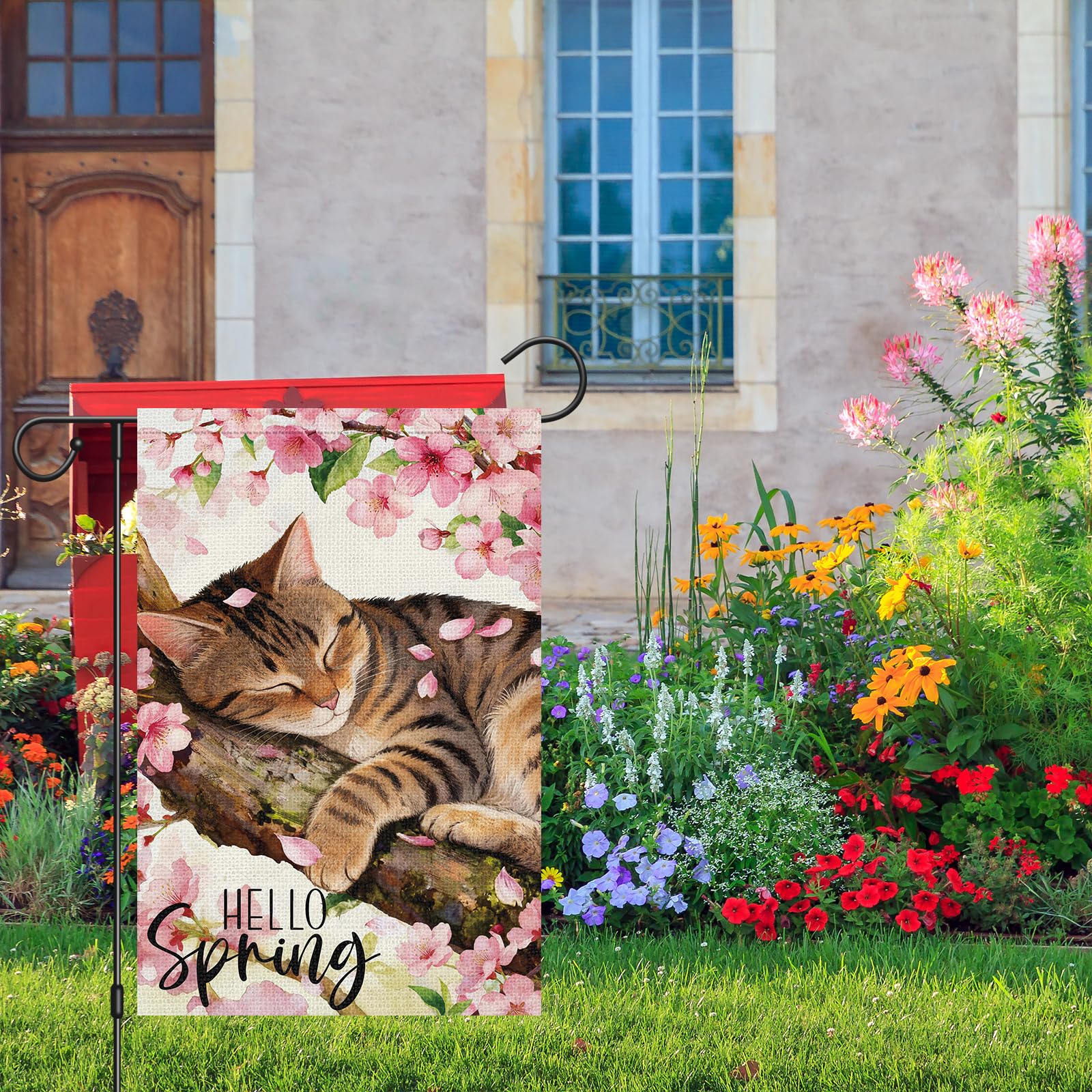 Heyfibro cat-on-branch spring design flag invites seasonal cheer.