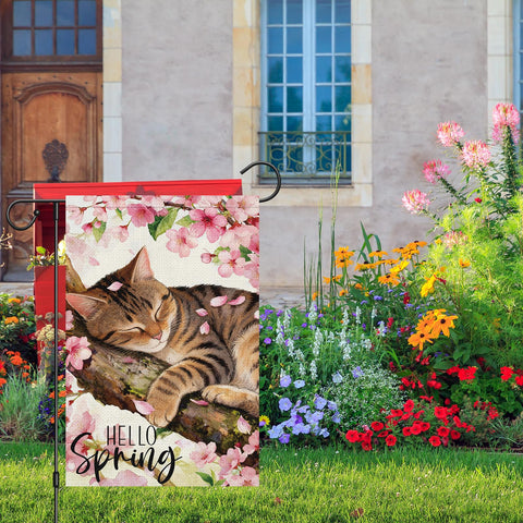 Heyfibro cat-on-branch spring design flag invites seasonal cheer.