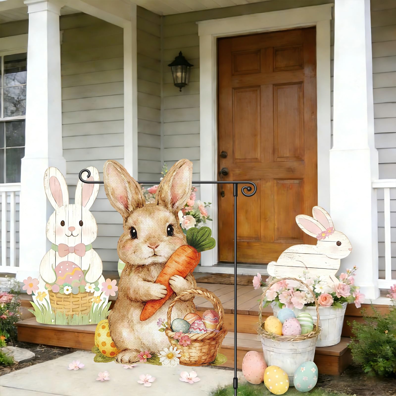 Heyfibro Colorful Easter graphic flag enhances farmhouse exterior decor.