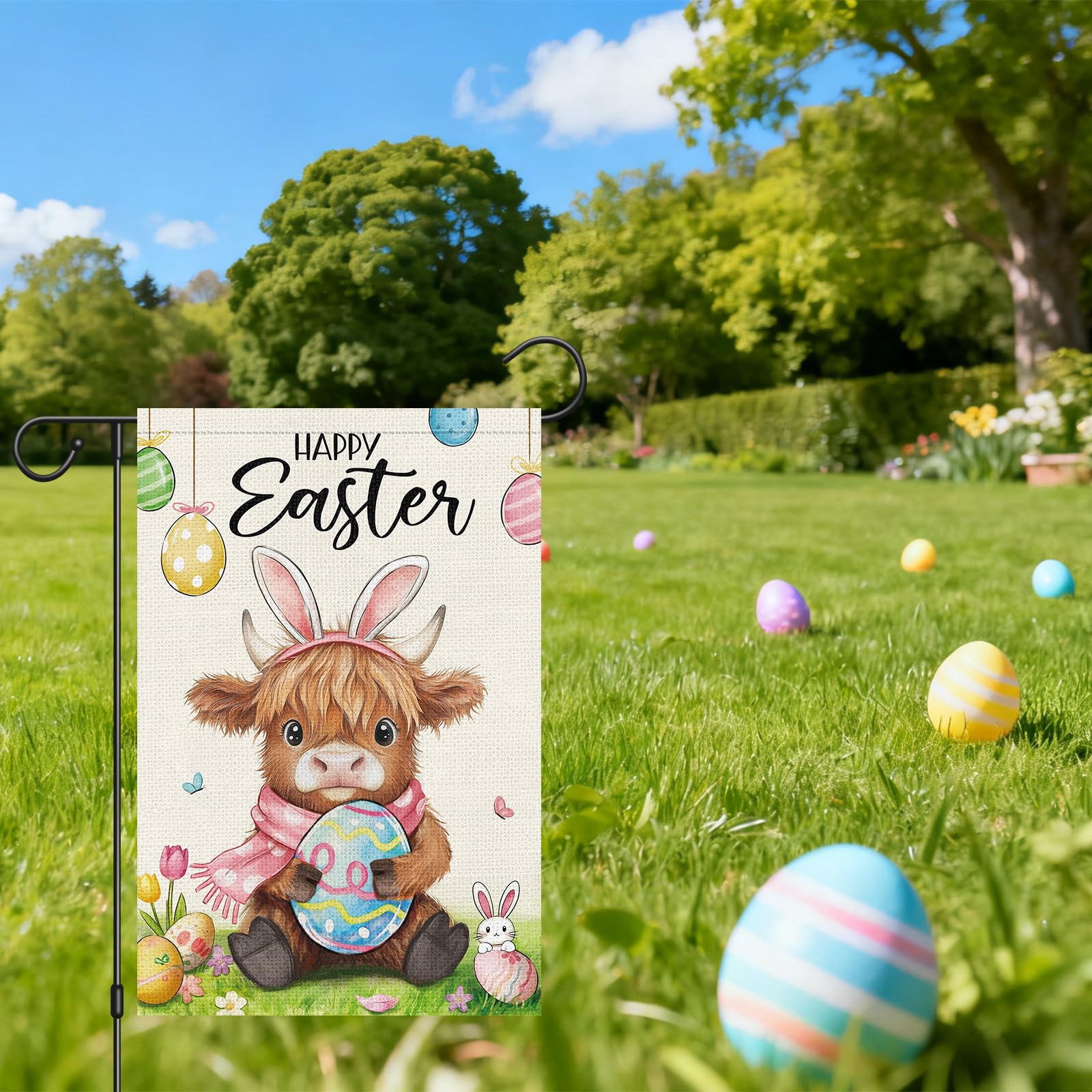 Heyfibro double-sided Easter flag offers readable text from either side for porch displays.