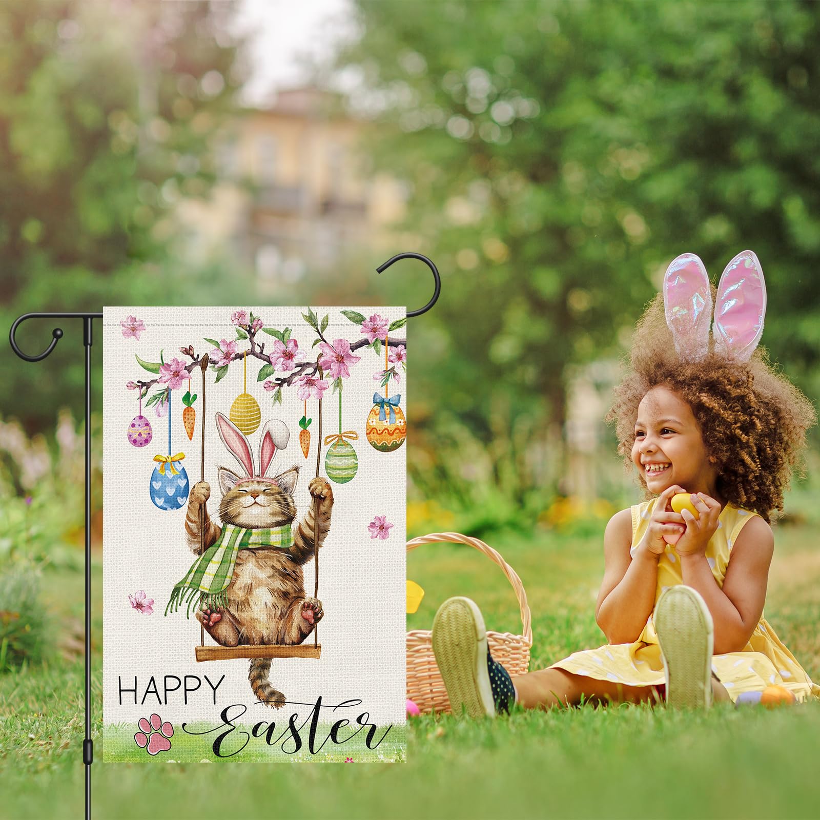 Heyfibro double-sided Easter print flag, visible from both sides in any yard.