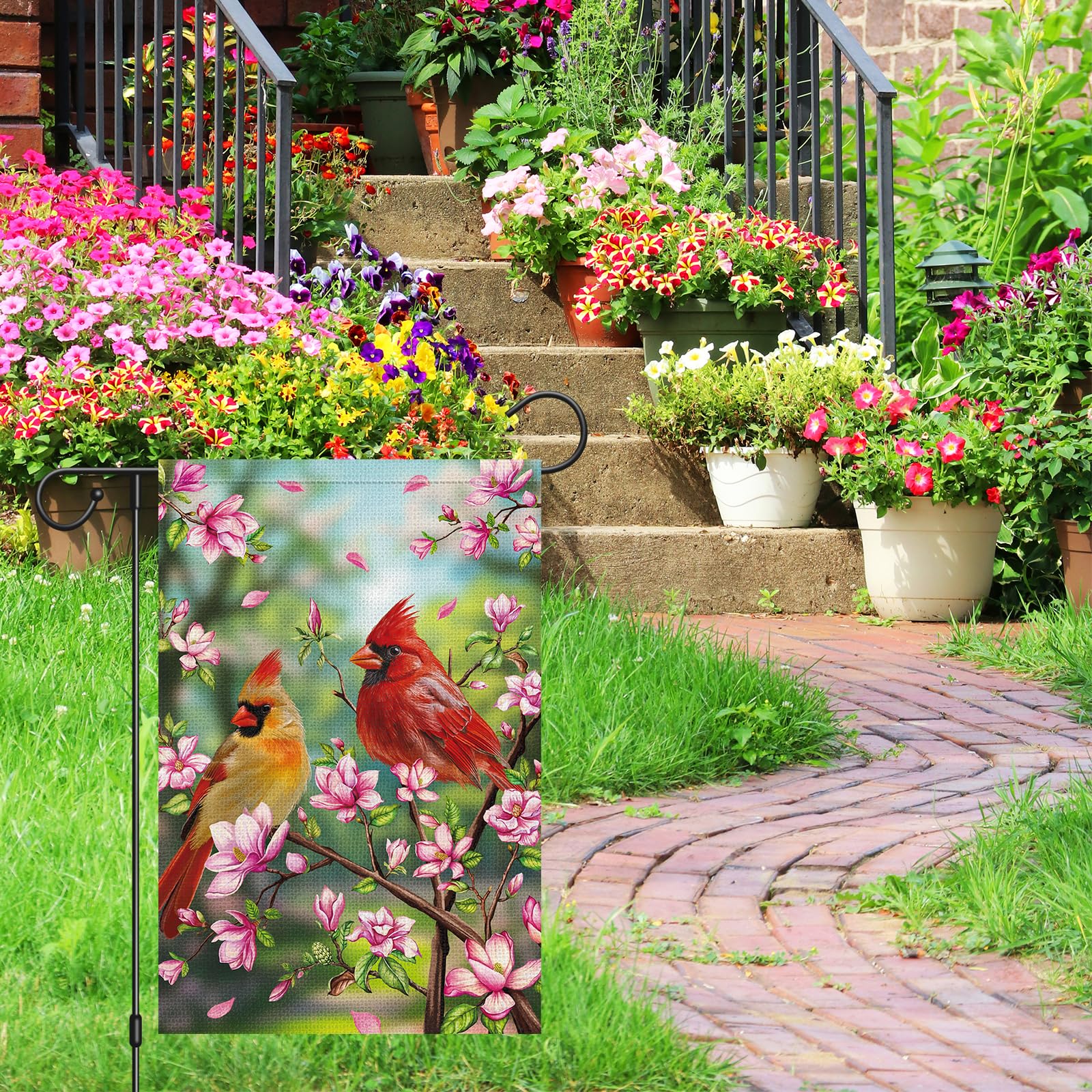 Heyfibro double-sided garden flag showing readable text from both sides