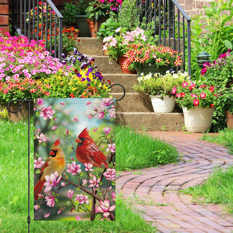 Heyfibro double-sided garden flag showing readable text from both sides