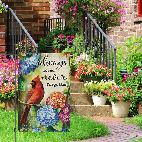 Heyfibro double sided flag graphic featuring cardinal hydrangea for versatile front and back display.