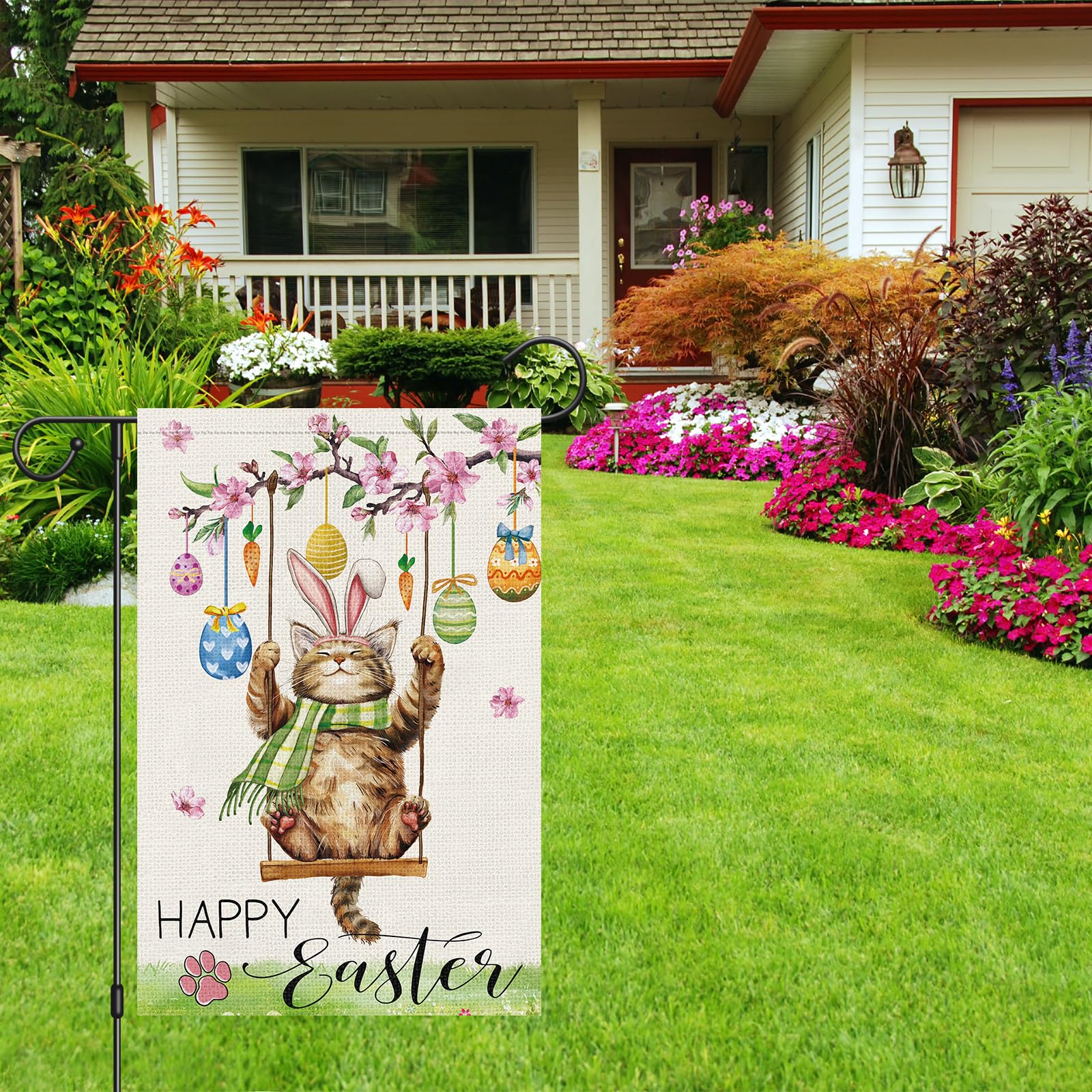 Heyfibro farmhouse cat Easter design flag adds country charm to porch.