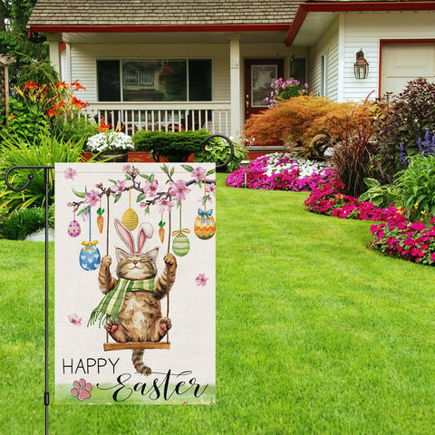 Heyfibro farmhouse cat Easter design flag adds country charm to porch.