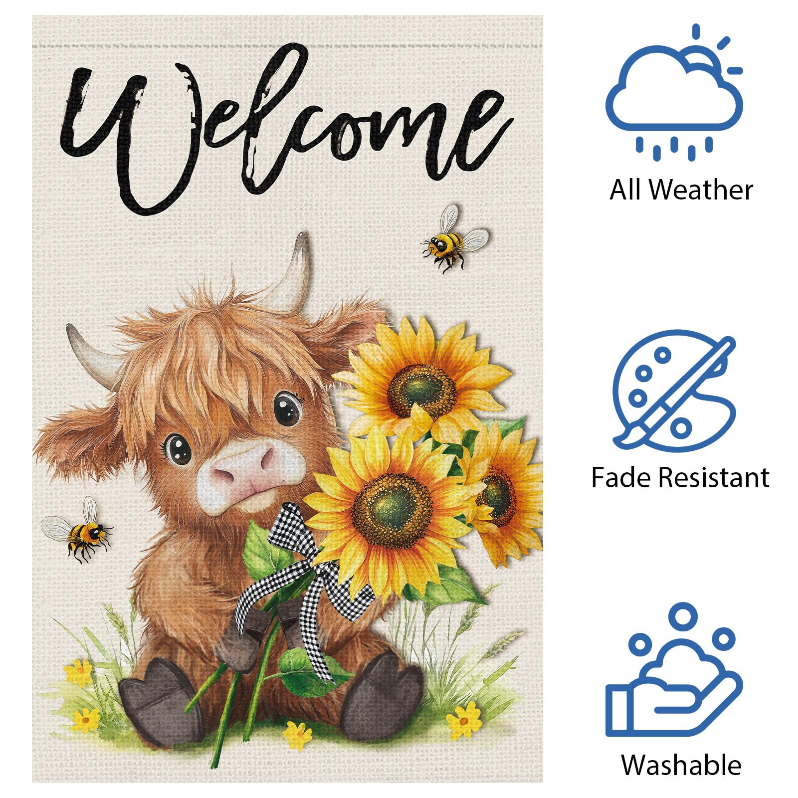Heyfibro Farmhouse Design flag features Highland cow, bee, and sunflowers for country charm
