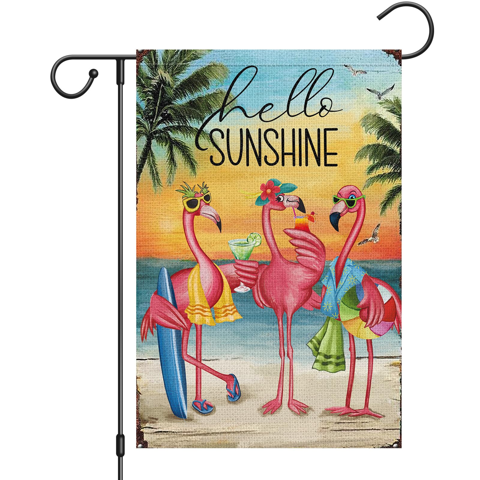 Heyfibro Flamingo Garden Flag Hello Sunshine - bright outdoor welcome for sunny summers.