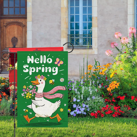 Heyfibro garden flag features flower crown goose design on weatherproof fabric.