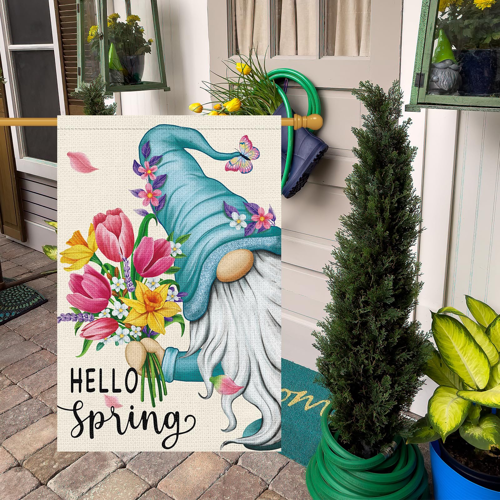 Heyfibro garden flag with flowers, daisies, gnome and butterfly for garden charm.