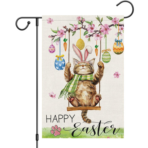Heyfibro happy Easter cat garden flag with burlap look for outdoor display.
