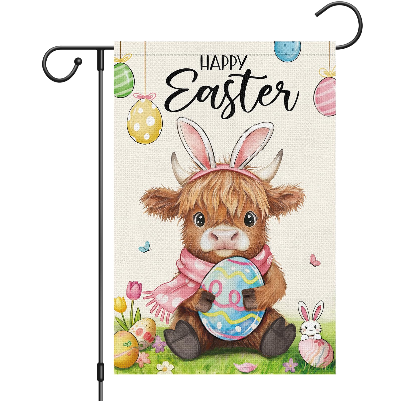Heyfibro Easter Highland Cow flag showcases bunny ears for festive outdoor charm.