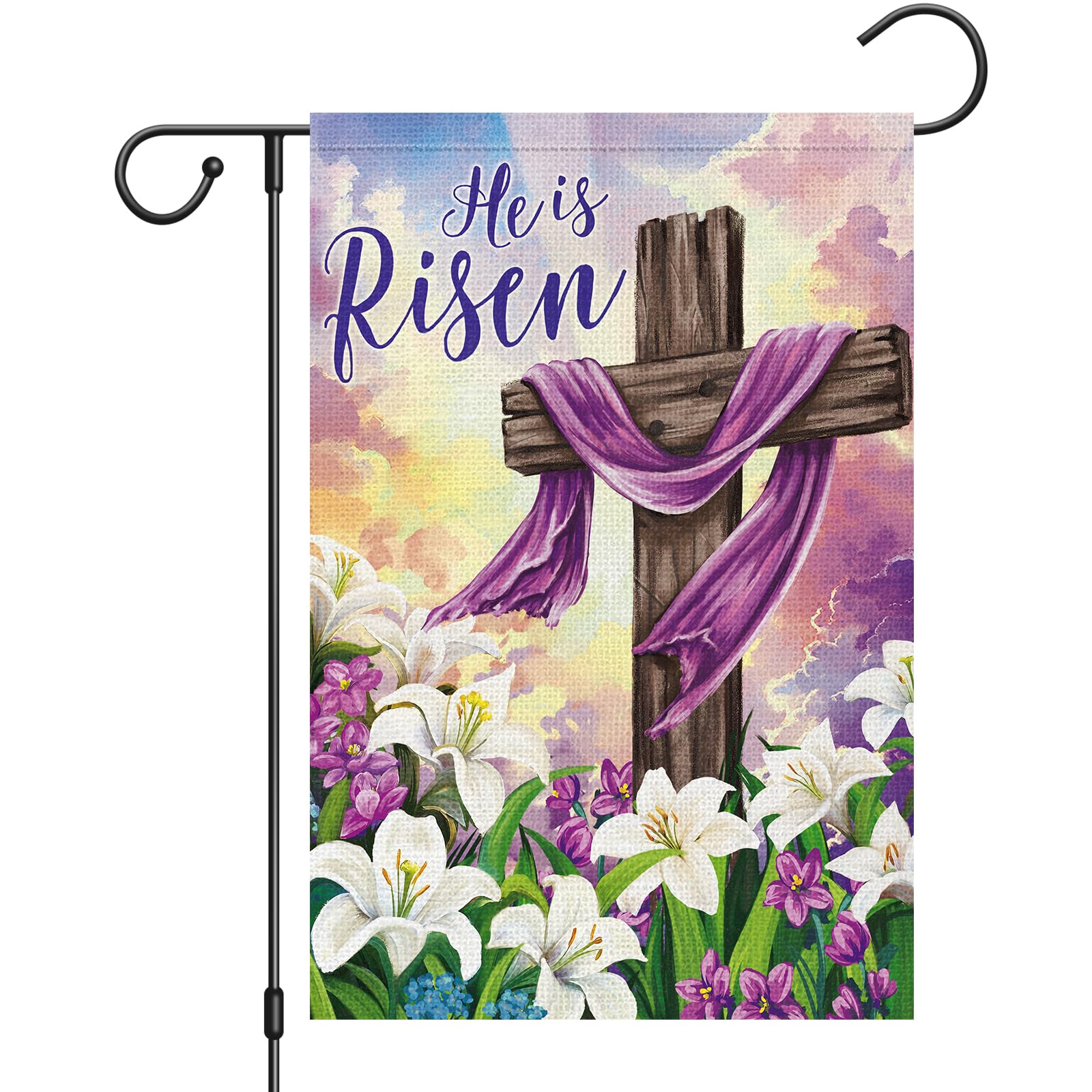 Heyfibro He is Risen cross-lily flag outdoors with Easter design