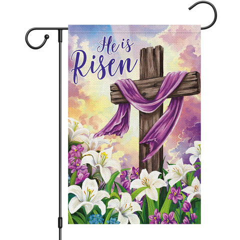 Heyfibro He is Risen cross-lily flag outdoors with Easter design