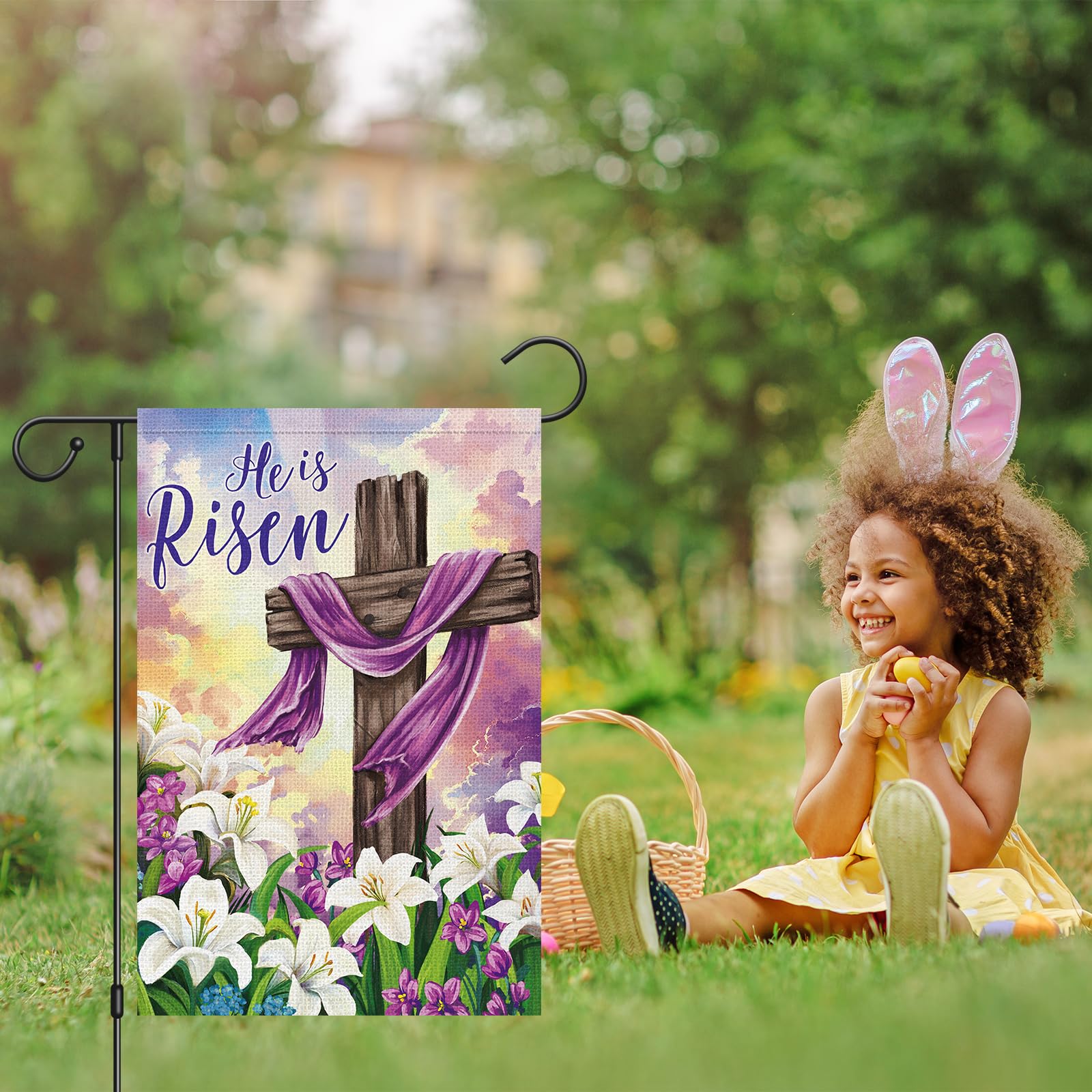 Heyfibro double-sided Easter flag visible from both sides