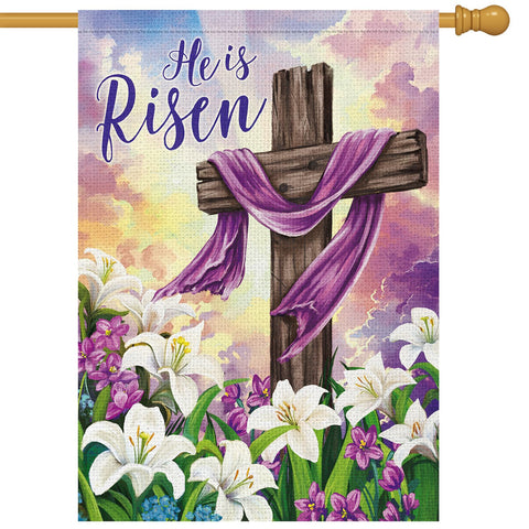 Heyfibro He Is Risen Easter flag with cross and lilies for outdoor decor, boosts curb appeal.