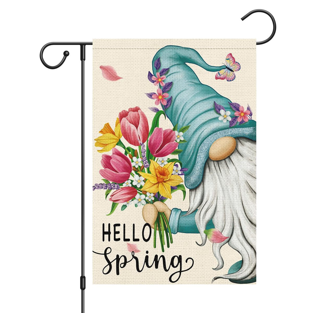 Heyfibro Hello Spring Gnome Garden Flag viewed outdoors with vibrant spring colors