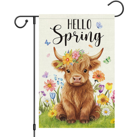 Heyfibro Hello Spring Highland Cow flag with floral crown for outdoor yard appeal.