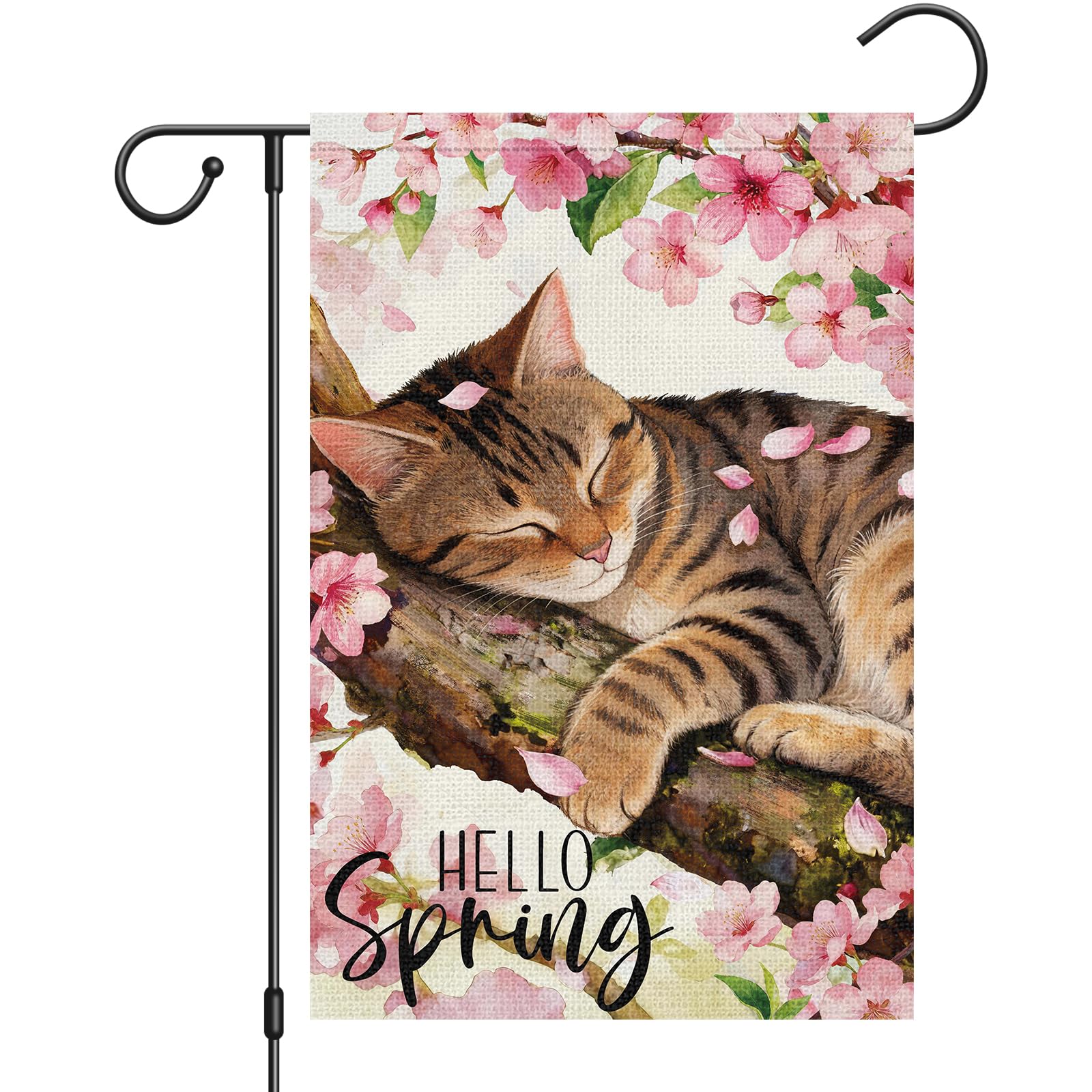 Heyfibro Hello Spring tabby cat flag adds welcoming charm to your garden.