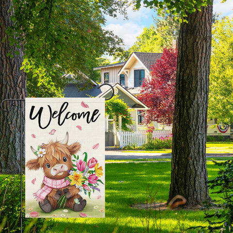 Heyfibro Highland Cow Bouquet Flag features a fluffy cow with flowers.