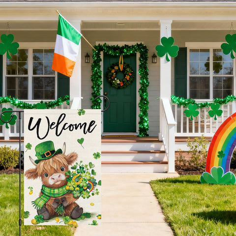 Heyfibro Highland cow with shamrock bouquet flag for seasonal yard decor